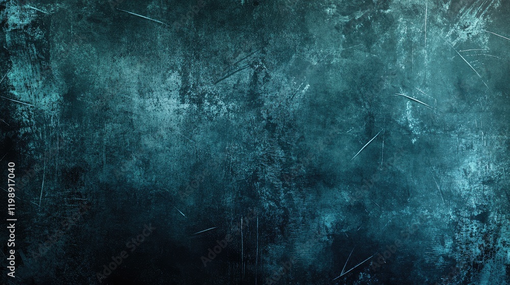 Poster dark teal textured background with scratches and imperfections providing ample copy space for design
