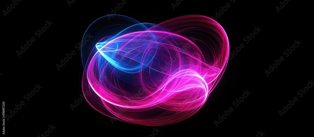 Poster abstract swirling light patterns in pink and blue colors against a black background with ample copy 