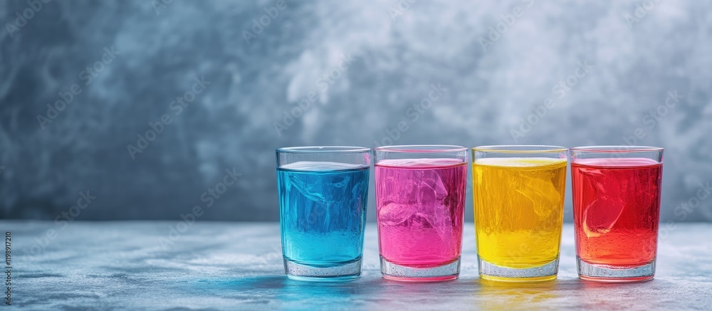 Poster colorful drinks in clear glasses arranged on a textured surface with soft lighting and copy space fo