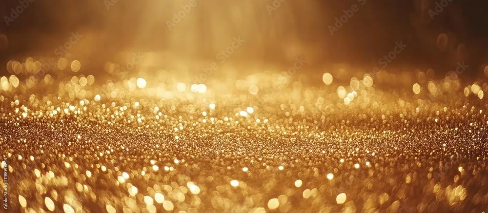 Poster golden bokeh background with shimmering light reflections and soft focus copy space