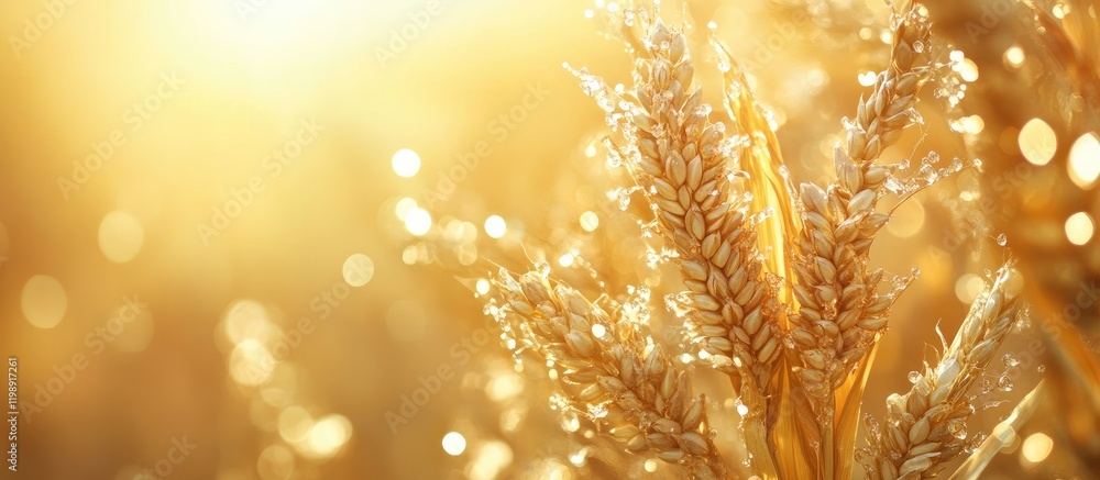 Poster golden wheat field with bokeh effect and soft sunlight copy space