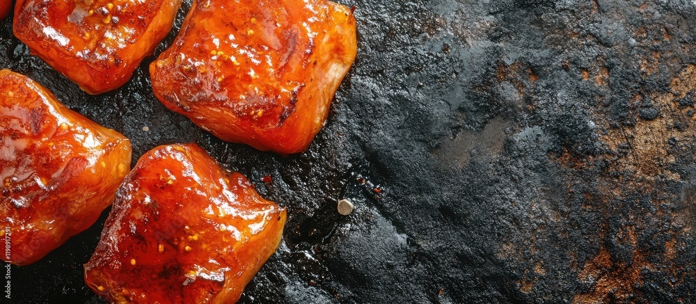Poster grilled salmon fillets with a glossy brown glaze on a dark rustic background with copy space for tex