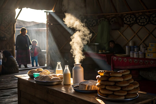 Tsagaan sar celebration with traditional mongolian feast on sunlit table.