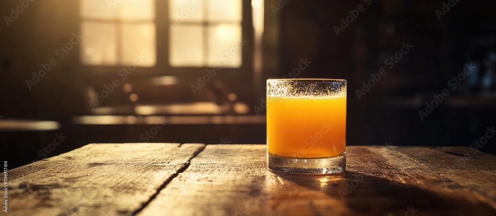Poster glass of fresh orange juice on wooden table with warm light from window creating soft shadows and re