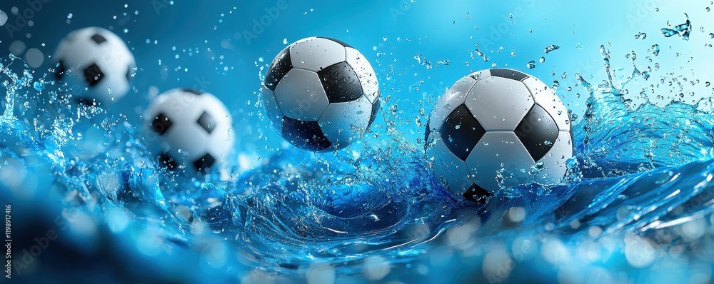 Poster dynamic abstract background featuring soccer balls and fluid waves