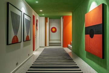 Vibrant hallway with modern art and black striped floor