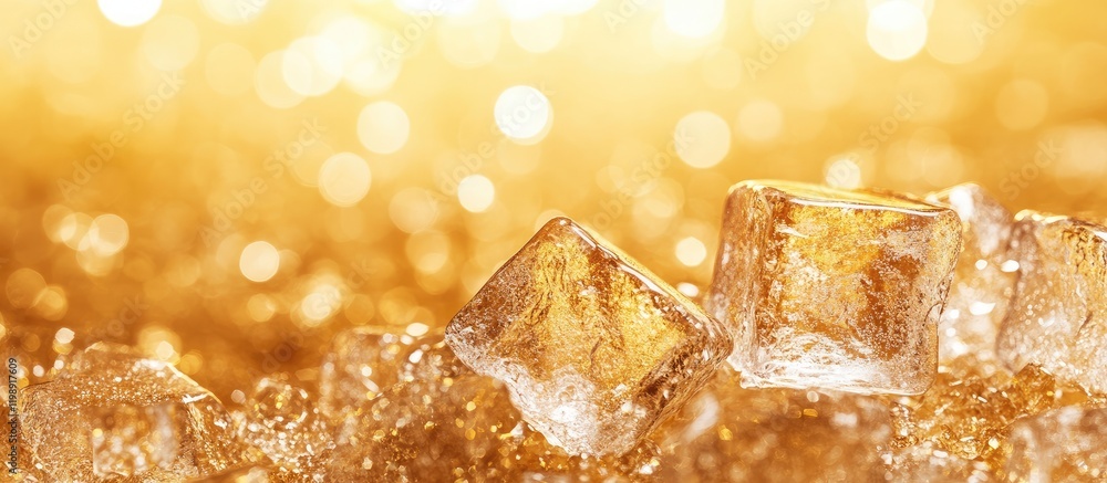 Poster golden background with ice cubes melting in liquid, sparkling highlights and fluid textures, copy sp