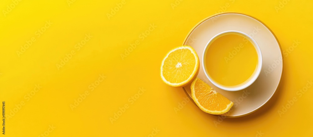 Poster fresh lemon slices next to a cup of lemon juice on a vibrant yellow background with copy space for t
