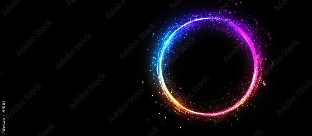 Aufkleber colorful circular light trail on a black background with sparkles and copy space for text placement