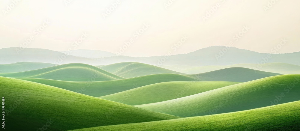 Poster green rolling hills landscape with soft gradients and muted tones featuring copy space for text plac