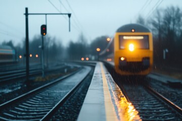 Fototapeta premium Train approaching station platform in the rain
