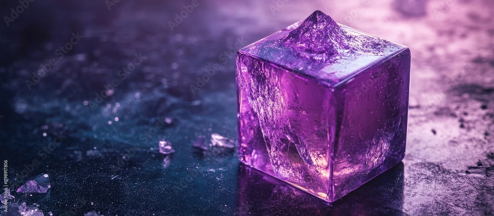 Poster purple crystal ice cube on reflective surface with light effects and copy space for text placement
