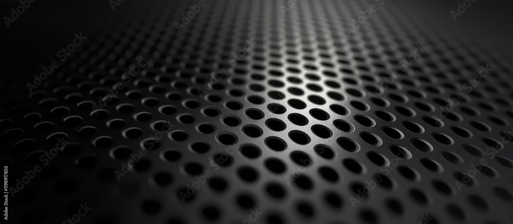 Poster black perforated metal surface with circular holes and reflections, featuring subtle gradients and c
