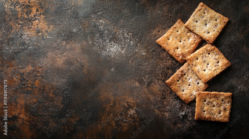 Poster brown textured background with baked crackers arranged diagonally featuring copy space for text plac