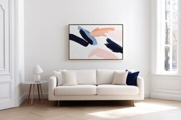 Modern interior design with abstract painting and white sofa