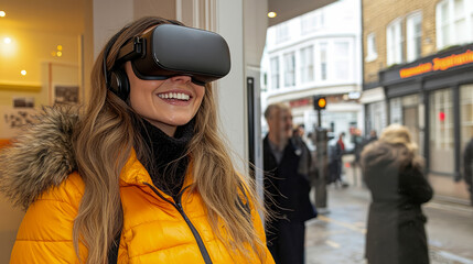 Obraz premium Woman Experiencing Immersive Virtual Reality on City Street: A Tech and Urban Exploration