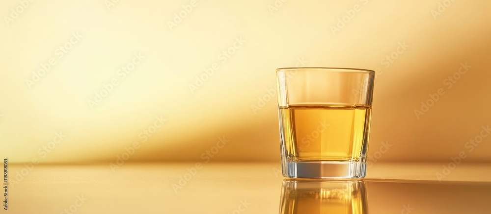 Poster glass of whiskey on a reflective surface with a yellow background and copy space for text placement