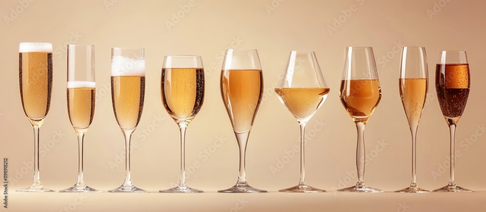 Poster various types of wine glasses arranged in a row showcasing different shades of wine against a neutra