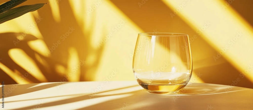 Poster close-up of a transparent glass filled with liquid on a yellow background with shadows and reflectio