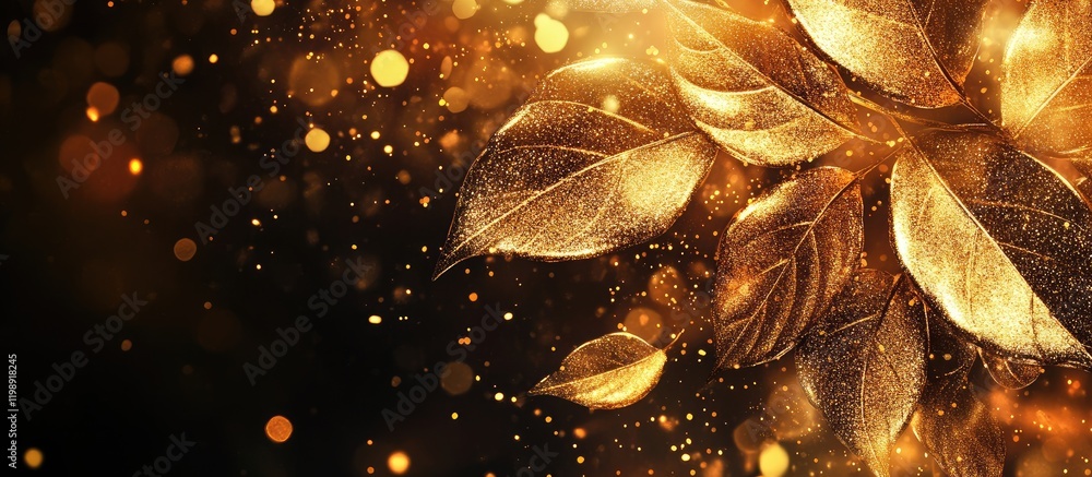 Poster golden leaves with sparkling particles on a dark background ideal for design projects with copy spac
