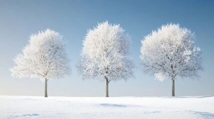  Three trees covered in snow, with a clear blue sky and white background.