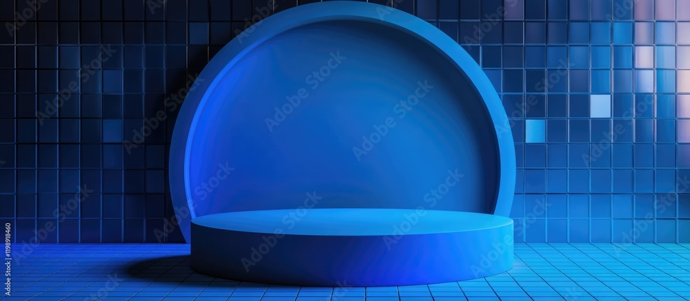 Poster abstract blue background with circular platform, geometric design elements, and ample copy space for