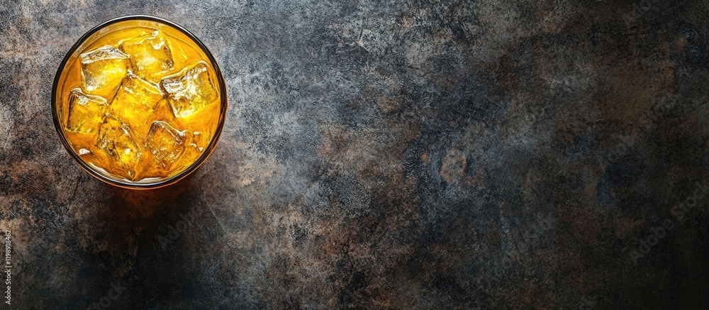 Poster glass of amber whiskey with ice cubes on a textured dark background with copy space for text placeme