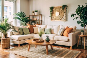 Fototapeta premium Modern interior design of the living room with a stylish sofa and coffee table, plants, palm trees and personal accessories for the poster. Home decor. Pattern.