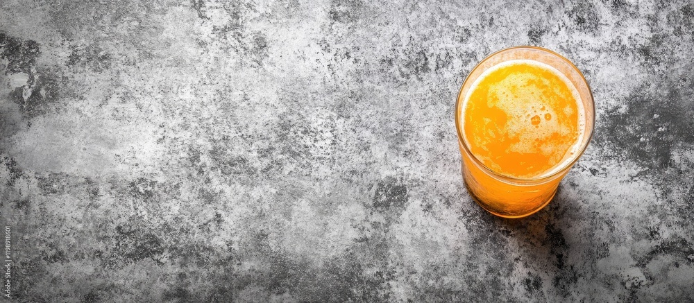 Poster freshly squeezed orange juice in a glass on a textured gray background with copy space for text plac