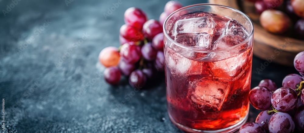 Poster glass of red grape juice with ice cubes surrounded by fresh grapes on a dark textured surface copy s