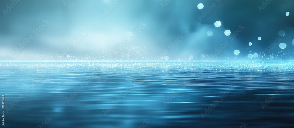 Poster abstract water surface with soft glowing bokeh lights in blue hues copy space for text or graphics