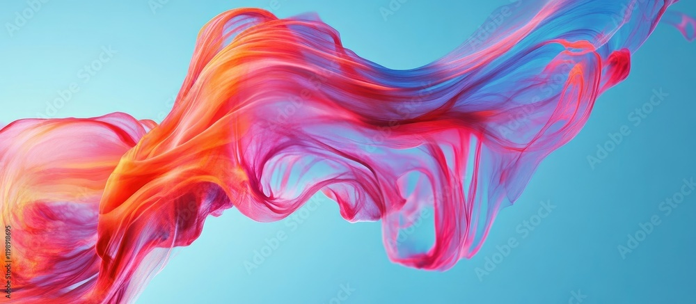 Poster colorful abstract smoke swirl on blue background with flowing movement and copy space for text.