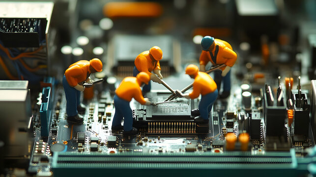 Creative Miniature Workers Working On A Circuit Board, Representing High-Tech Innovation And Technology. Generative AI