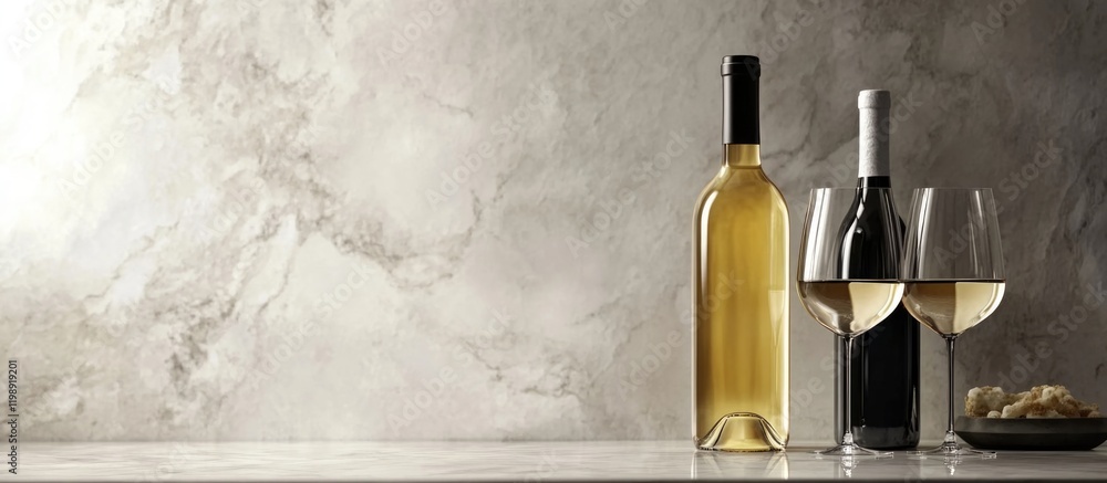 Poster wine bottles and glasses on a marble countertop with copy space for text or graphics