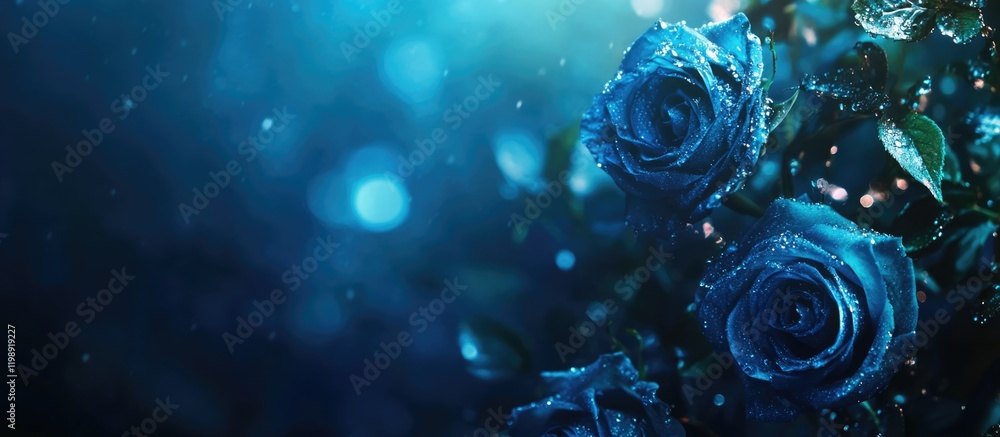 Poster blue roses with raindrops and bokeh effect on a dark background featuring copy space for text placem