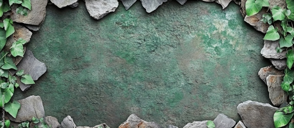Aufkleber textured stone background with ivy leaves framing the edges and empty green space in the center suit