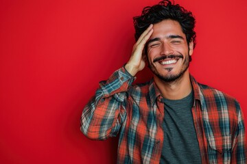 Obraz premium Smiling man in a checkered shirt posing against red background
