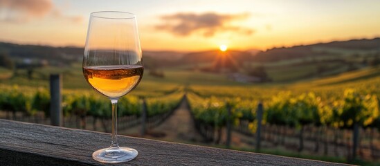 Sunset over vineyard with glass of white wine on wooden table in foreground featuring copy space for text.