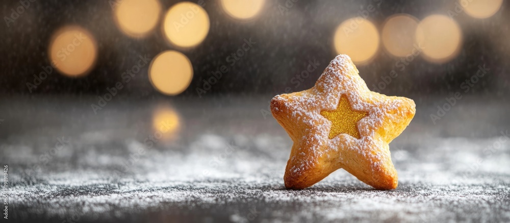 Poster star-shaped cookie dusted with powdered sugar on a dark surface with blurred bokeh lights in the bac