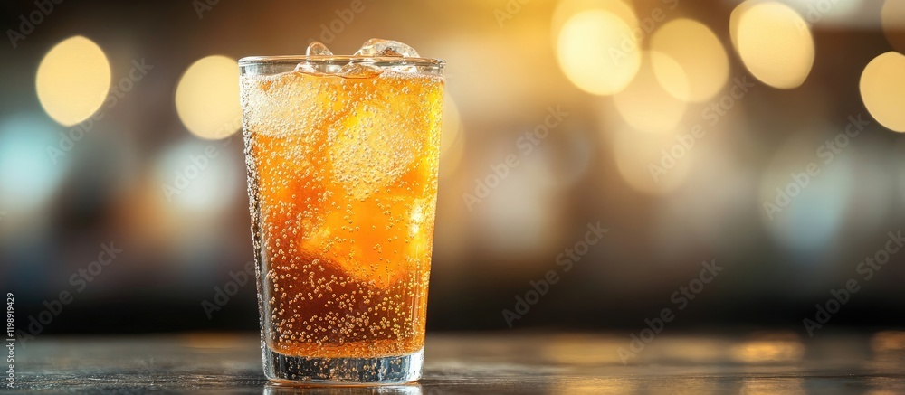 Poster close-up of a refreshing beverage with ice in a glass on a blurred background with bokeh lights copy