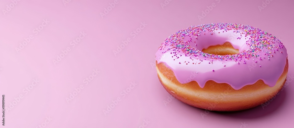 Poster pink frosted donut with sprinkles on a pink background featuring ample copy space for text placement