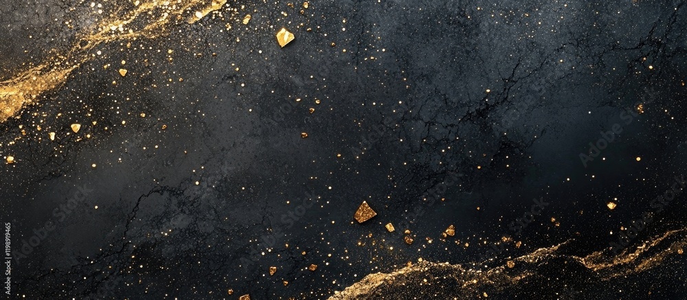 Poster abstract dark background with gold dust particles and shimmering textures, suitable for elegant desi