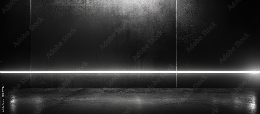 Poster minimalistic black background with a diagonal white light strip and glossy floor reflecting the ligh