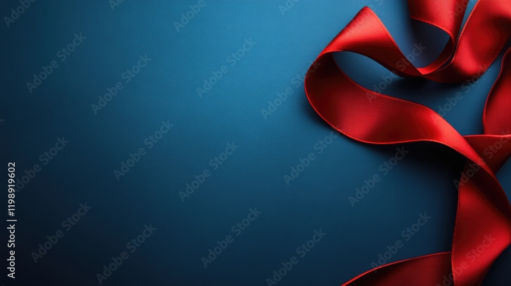Poster red satin ribbon on a blue background with smooth texture and ample copy space for text placement