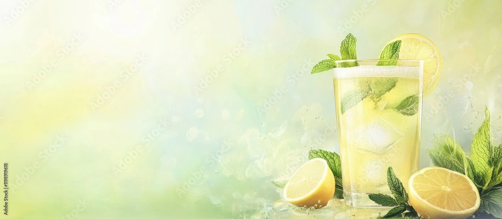 Aufkleber fresh lemonade with mint leaves in a glass on a blurred background with lemon slices and ample copy 