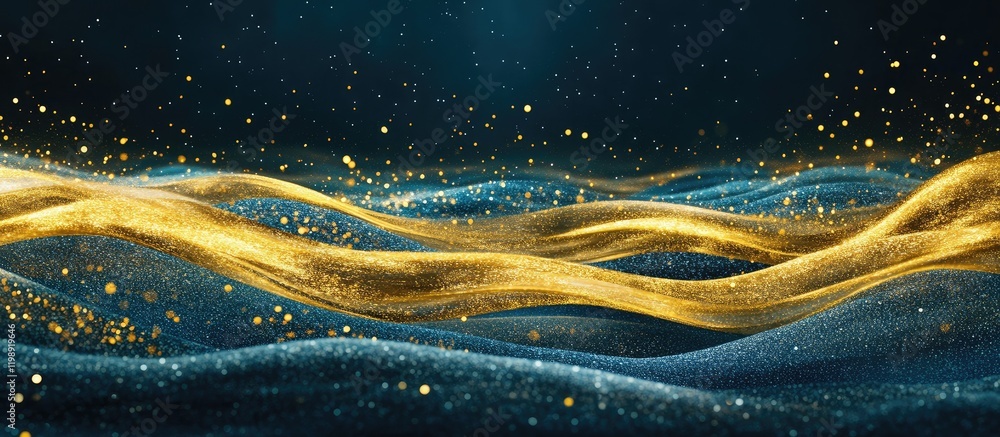 Poster golden waves of light with sparkling particles on a dark blue background, ideal for abstract design 