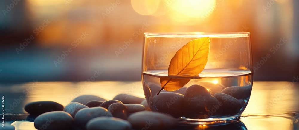 Poster glass container with water and a leaf during sunset with smooth pebbles and copy space for text