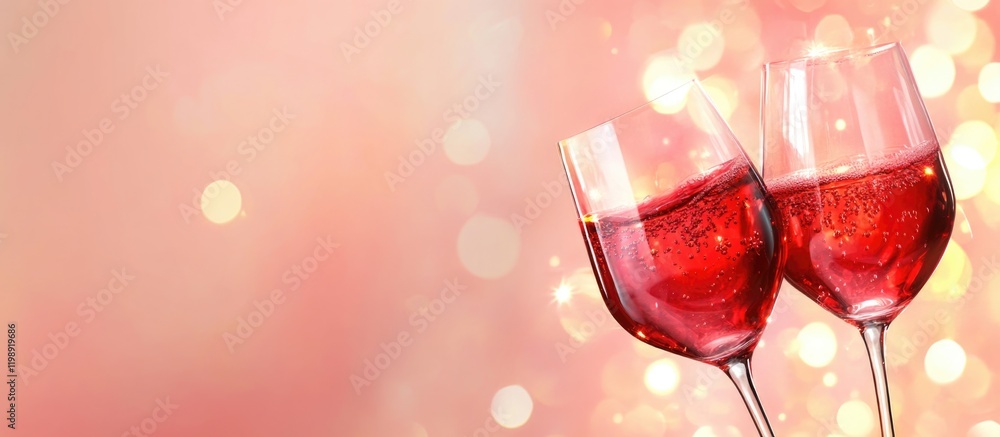 Poster red wine glasses clinking on a pink bokeh background with copy space for text