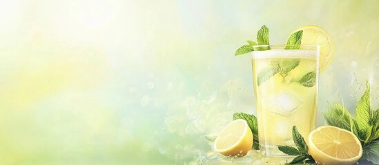 Fresh lemonade with mint leaves in a glass on a blurred background with lemon slices and ample Copy Space for text.