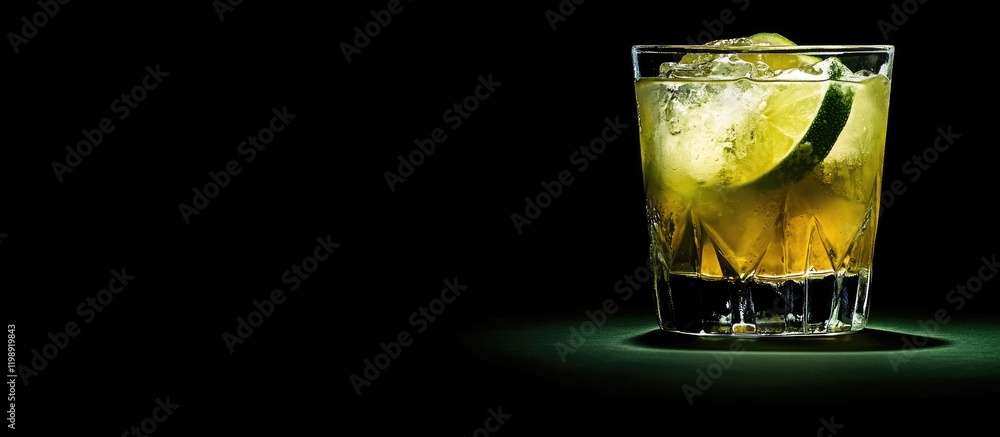 Poster glass of whiskey with ice and lime slice on a dark background featuring copy space for text placemen